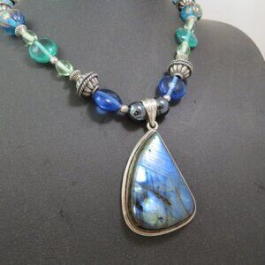 Labradorite Set in Sterling Silver Pendant with Silvertone and Glass Beads